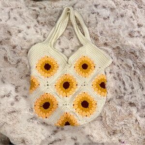 Granny Square Sunflower Knit Crochet Purse Handbag - Cream and Yellow
